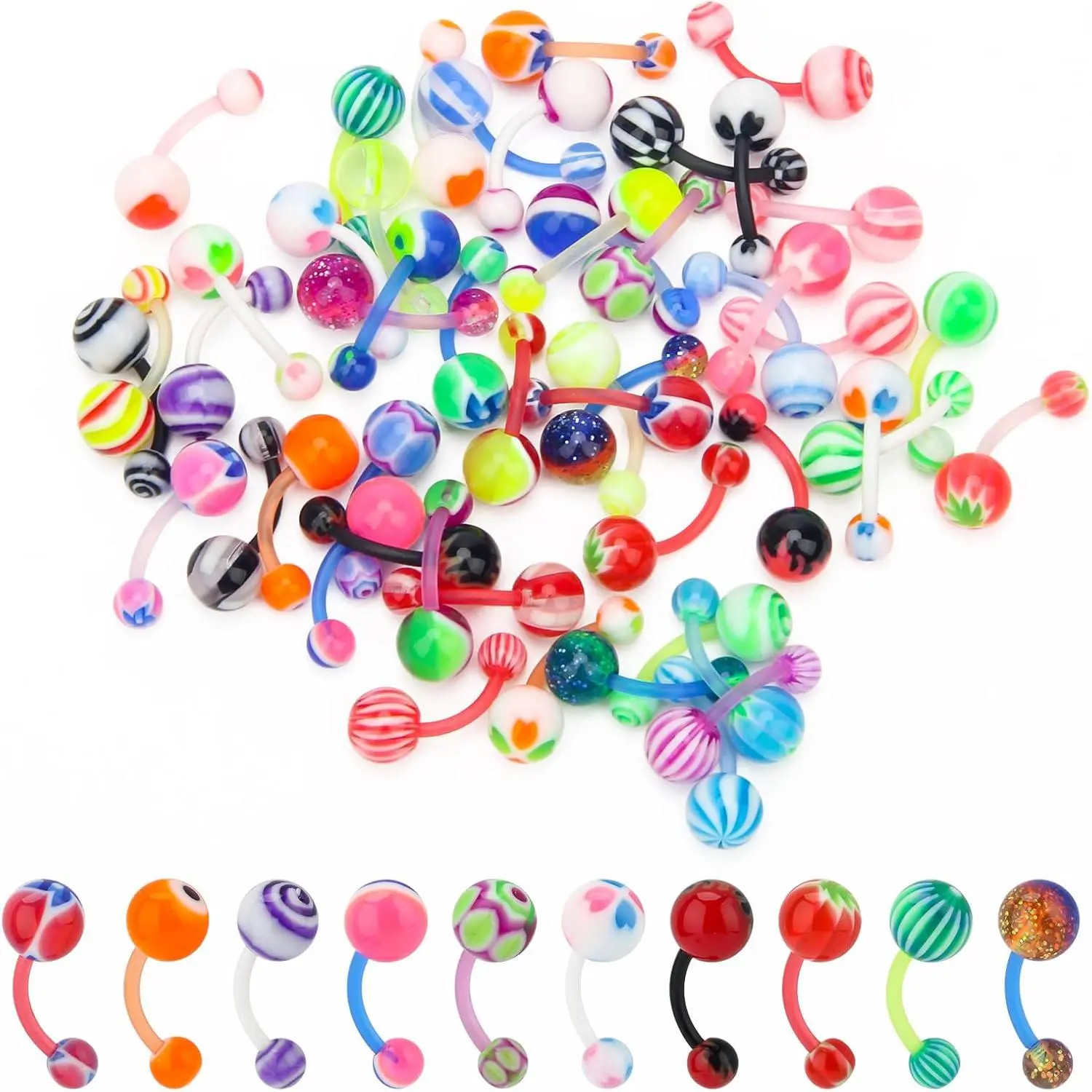 50-Piece Belly Button Rings Set, Modern Fashion Body Jewelry, Assorted Color Acrylic and Steel Barbells for Women