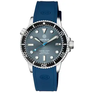 Deep Blue Master 1000 II 44mm Automatic Diver Watch Black Bezel Slate Grey Blue Sunray Dial Blue Band