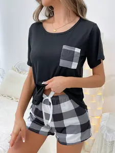 Summer Women's Cute Plaid Pajama Set with Short Sleeves and Shorts