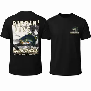 Rippin Lips Fishing T-Shirt, Black Bass Fish Graphic Tee, Front Back Print South Waters Angler Shirt, Outdoor Fisherman Gift for Men