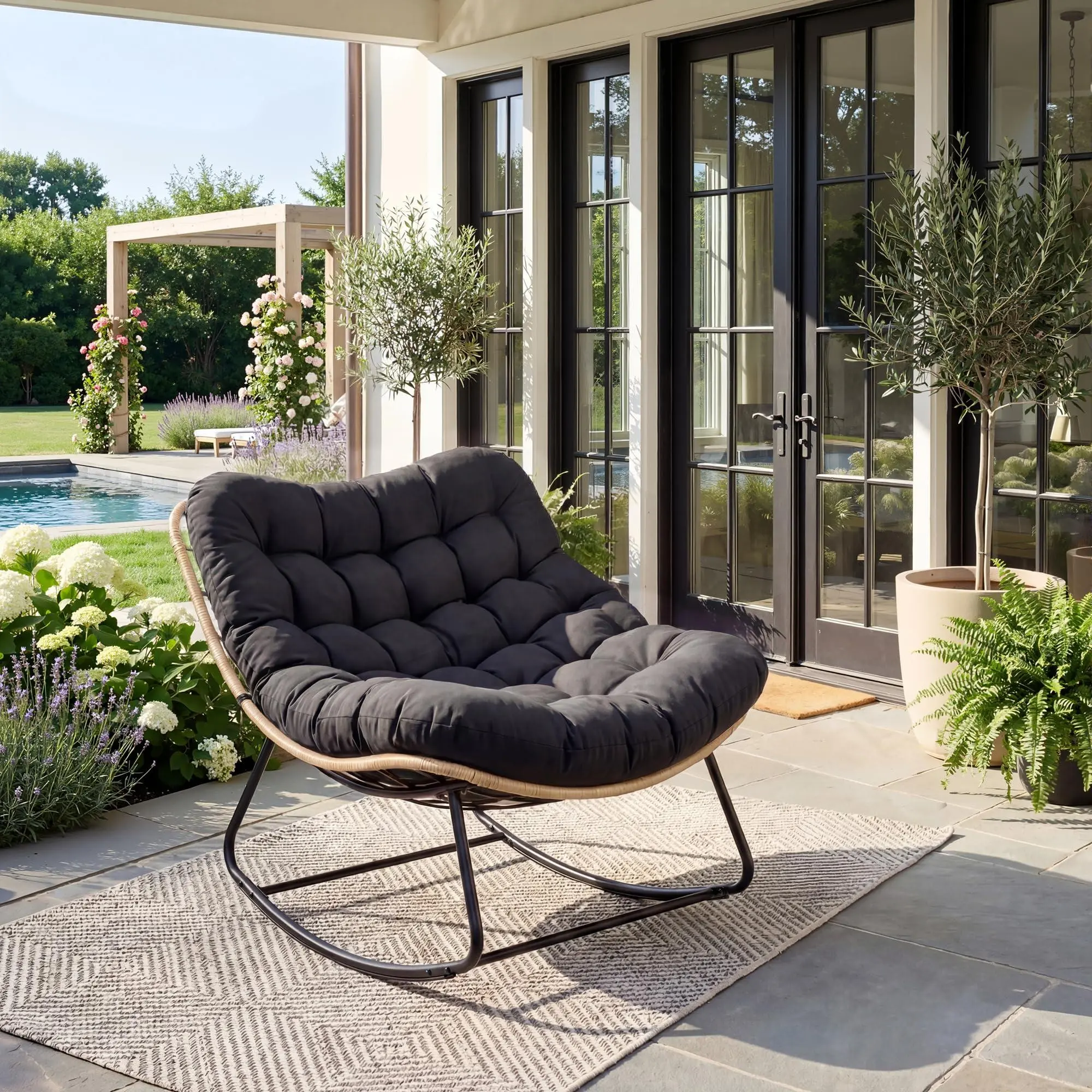 GARVEE Heavy Duty Patio Rocking Chair, Single Arc Leg, 450 lbs Capacity, Thick Water-Resistant Cushion, Metal Frame, Indoor/Outdoor Use, Yellow Rattan with Black Cushion, Single Person Arc Foot