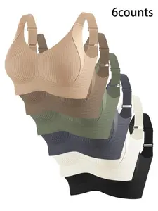 6-Pack Women's Wireless Push Up Bras: Seamless Ribbed Soft Lingerie with Wide Straps, Breathable Lightweight Everyday Bras for All Seasons, Ideal Gift for Her