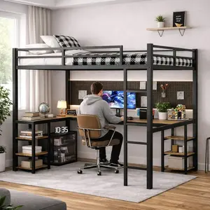 Full XL Metal Loft Bed with Desk and Shelves, Black Space Saving Loft Bed Frame with Ladder and Guardrails for Bedroom, Study or Dorm,Black