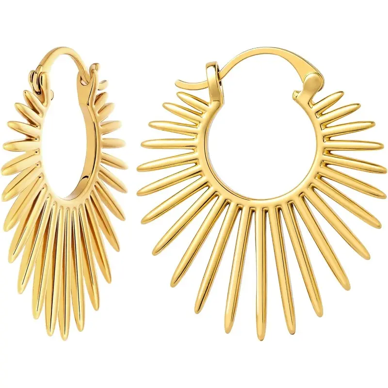 Gold Tone Sunburst Hoop Earrings for Women, 1.2 in Trendy Statement Jewelry, Lightweight Hypoallergenic Alloy Base for Sensitive Ears, Earrings Set, Trendy Jewelry, Fashionable Jewelry Accessories