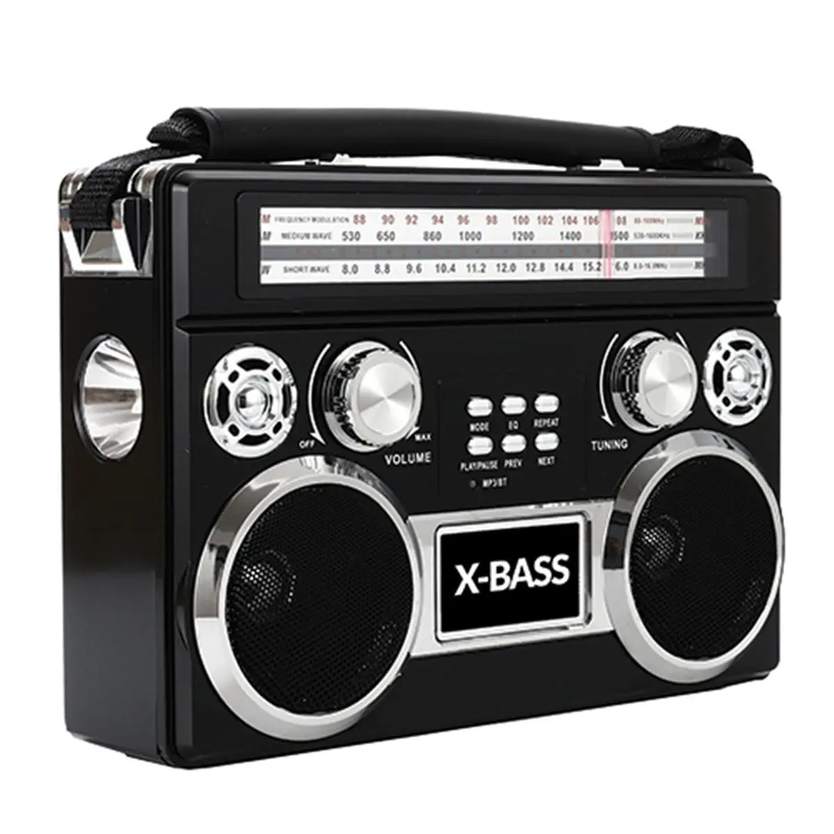 212 MAIN Handheld Rechargeable 3-Band AM/FM/SW Radio Player - Portable Audio Gadget with Bluetooth, Built-in Torch, SD, USB, AUX Input, Black, Handheld Radio