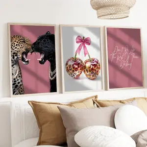 Roar Leopard and Jaguar   Set of 3 Wall Art Motivation Quotes Coquette Bow Cherry Trendy Wall Art Gallery Preppy