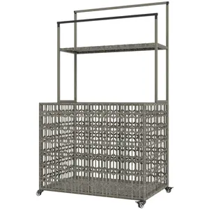 Wicker Pool Float Storage Organizer, PE Rattan Pool Float Holder with Basket Shelf Towel Bars, Rolling Pool Caddy for Floaties, Noodles, Life Vests, Beach Balls, Mixed-Gray