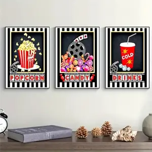 3 Pieces Optional Wooden Frame Movie Night Party Sign Wall Poster Theater Wall Art Popcorn Movie Sign Canvas Painting Print Modern Home Decor Commercial Store Atmosphere Hanging Painting HD Giclee Wall Poster