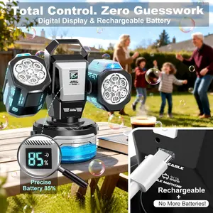 Automatic Dual Bubble Machine, Remote Charging, RGB Atmosphere Light, 360° Rotating, Includes 50ML Concentrate, Wedding Party Outdoor Use