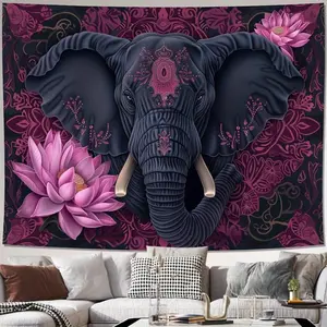 Vintage-Inspired Pink for Lotus & Elephant Tapestry - Polyester Wall Hanging for Living Room, Bedroom, Office Decor | Includes Easy Install Kit