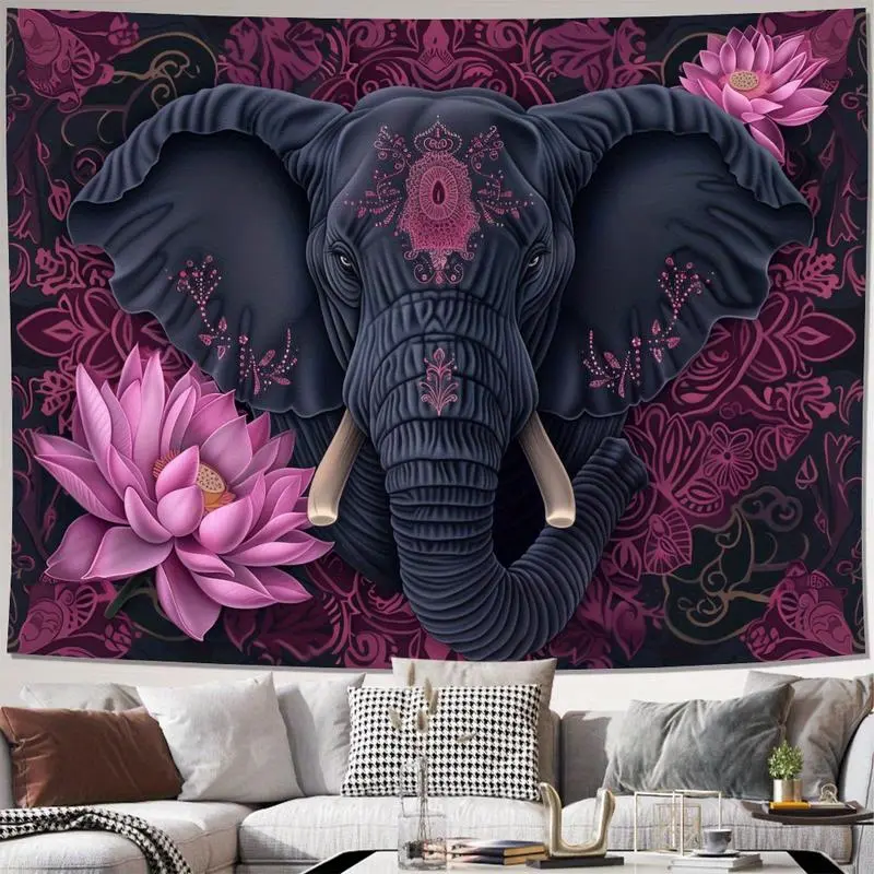 Vintage-Inspired Rectangular Synthetic Pink Lotus & Animal Elephant Polyester Tapestry Wall Mural - Easy Install Kit Included, Boho Hippie Decor, Home Inspo for Indoor Living Room Space, Wall Decor