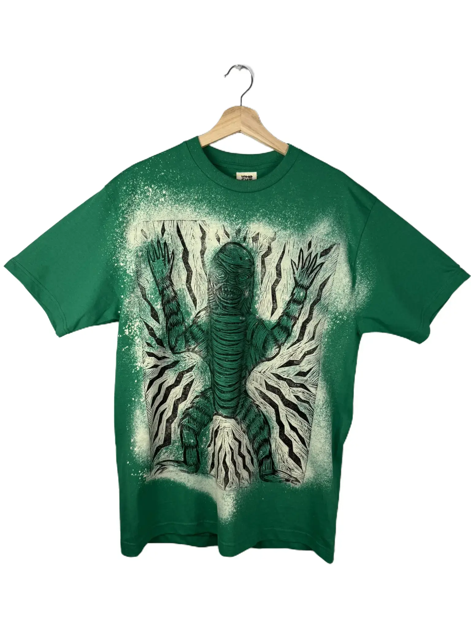 Men's Green Bleached Creature Hand-Printed Woodcut Cotton Crew Neck Short-Sleeve T-Shirt - Casual Loose Fit Streetwear Top, Cotton Fabric, Round Neck, Best Washed Inside Out