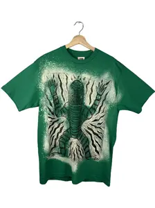Bleached Creature Hand Printed Woodcut T Shirt Menswear Cotton Top Green Medium Graphic Streetwear Baggy Casual Tshirt Fabric