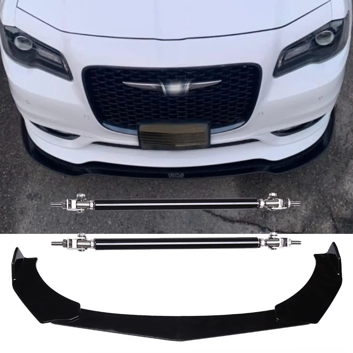 Automotive Front Lip Chin Bumper Body Kits - ABS Plastic Sporty Spoiler for Chrysler 300 S SRT8, Car Accessories, 2 x Strut Splitter Rods, Correct Connector No Cutting or Splicing, High-Quality Lower Exterior Accessory