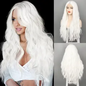 Long White Wigs for Women 26 Inch Wavy Lace Heat Synthetic Middle Part Natural Looking Silky Wig for Daily Use Halloween & Cosplay