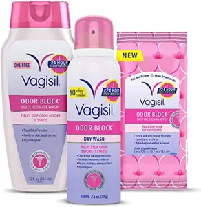 Vagisil Odor Block Multipack for Women, Daily Intimate wash, 20 Feminine Wipes, and Dry Wash Deodorant Spray - Gynecoligist Tested
