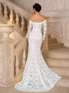 Elegant, Gorgeous And Romantic, White Off-Shoulder See-Through Long Sleeves, See-Through Elastic Lace Breast Cup, Fishbone Pressure Line Sticker, Scallop Edge, French Classic Lace Applique, High Slit, Mermaid Tail Design, Suitable For Weddings, Bacheloret