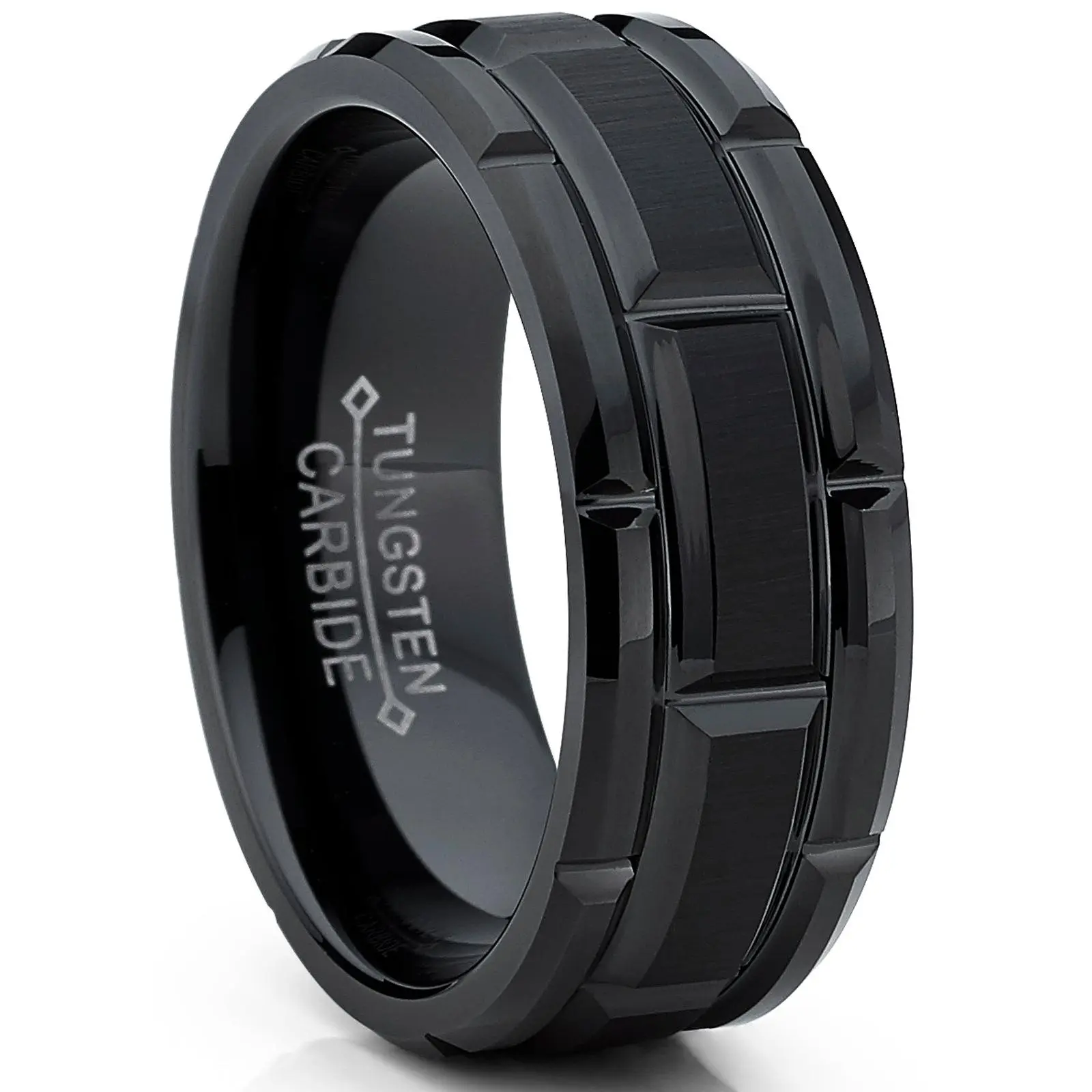 Male Tungsten Carbide Jewelry Ring - 8mm Comfort Fit, Hypoallergenic Black Brushed Grooved, Beveled Edges, Laser Engraved Wedding & Engagement Ring