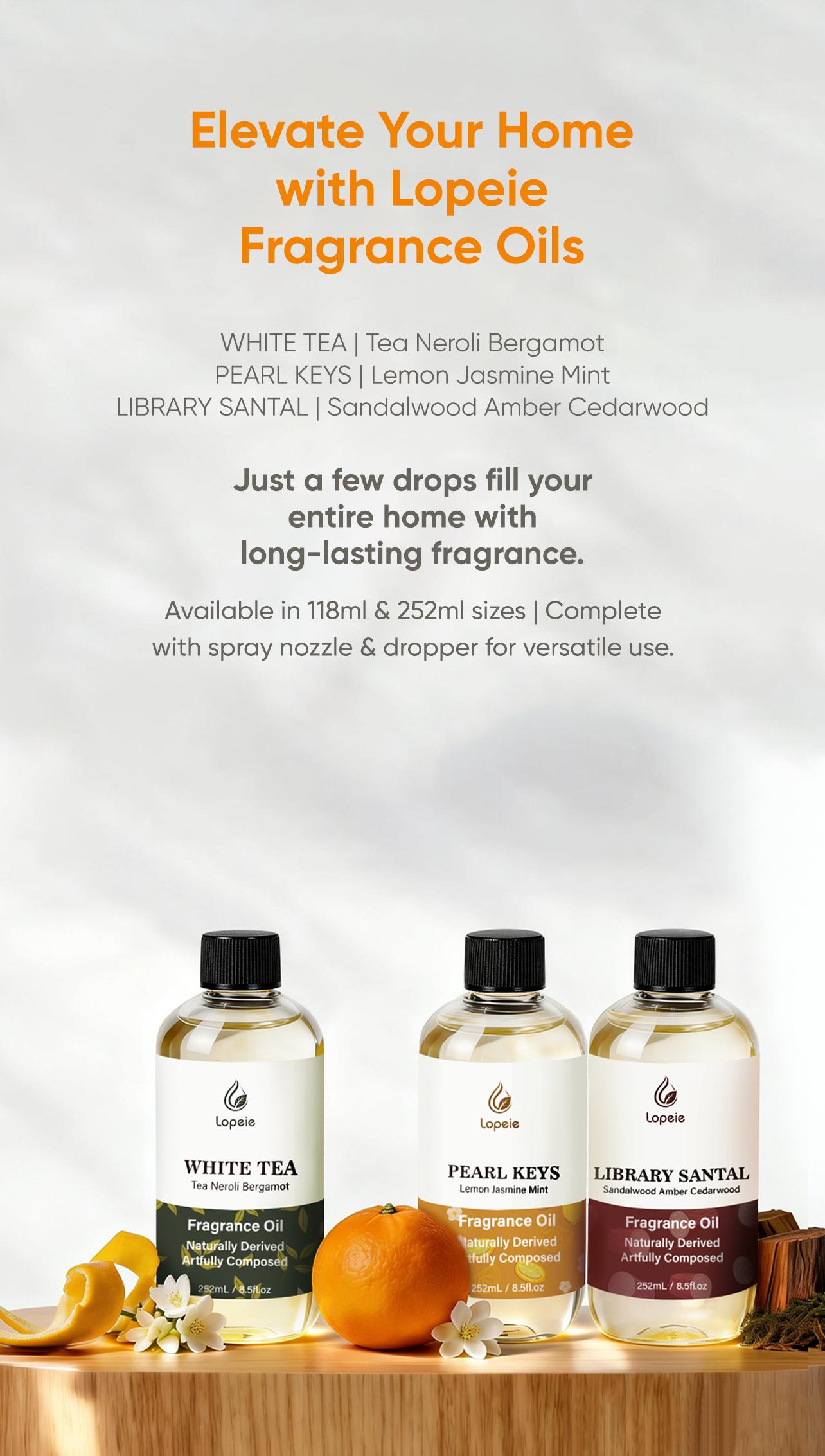 Lopeie Hotel Diffuser Oil Refill (with Spray Nozzle), Highly Scented Aromatherapy Oil – White Tea, Pearl Keys, Library Santal – for Ultrasonic & Waterless Diffusers & Oil Warmers – 118ml/4.1 fl oz & 252ml/8.5 fl oz