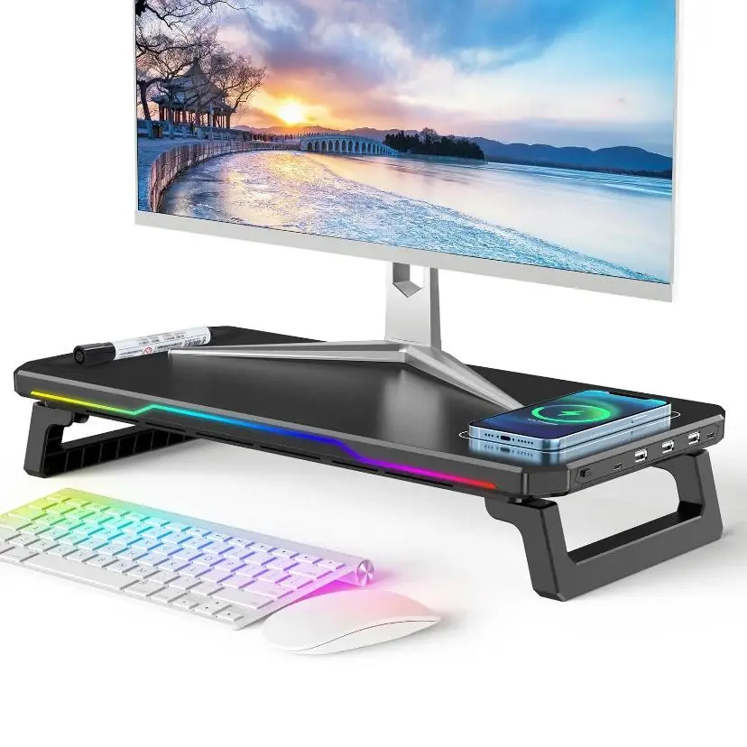 Multifunctional Monitor Stand, Monitor Stand with Wireless Charging & RGB Light, Desktop Office Storage Stand, Tablet & Computer Accessories, Monitor Riser, Desktop Accessory