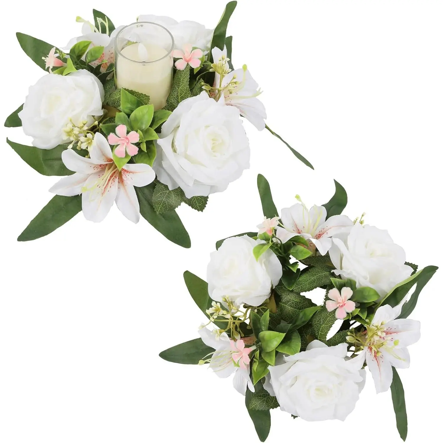 White Small Artificial Floral Candle Ring Wreath with Roses & Lilies - Decorative Bowl, Glass, Kitchen Plants Candle Holders Garland for Pillar Centerpiece, Party Table Decor (2 Pcs)