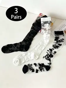 3 Pairs Women's Floral Glass Fiber Mid-Calf Socks, Sexy Lace Ankle Socks, Breathable, Comfortable, Non-Slip, Ideal for Summer, Dating, Commuting