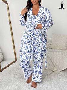 Plus Size Floral Print Robe Set for Women, Elegant Comfortable Sleepwear, Sleeveless Top & Long Pants, Spring & Fall Home Wear