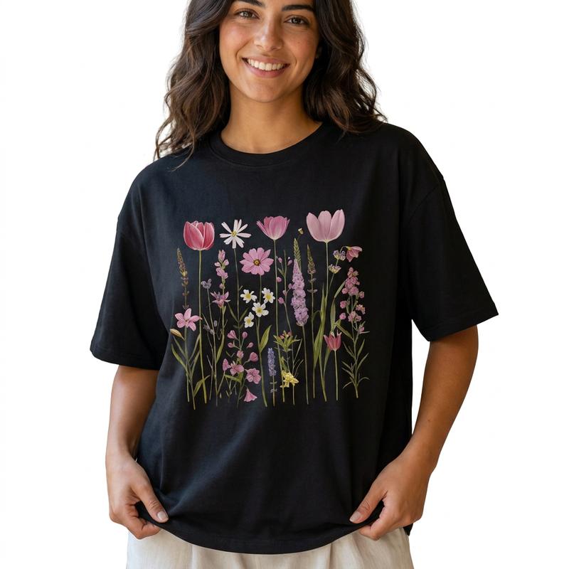 Botanical Wildflower Women's 100% Cotton Tee Breathable Cottagecore Spring Floral Graphic T-Shirt