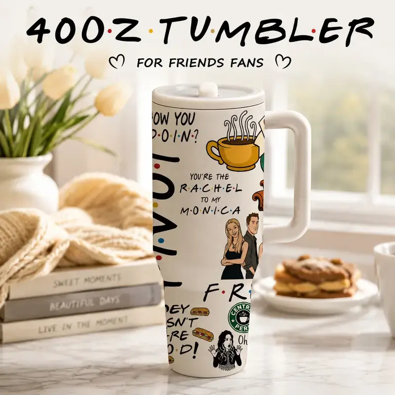 [SALE 50%] 1 Pc 40oz Friends Fans Insulated Tumbler With Handle, Double Wall Vacuum Stainless Steel Travel Mug, Flasks, Keeps Cold 24H Hot 12H, Leakproof Cup for Coffee, Office, Daily Use, Sitcom Inspired Gift