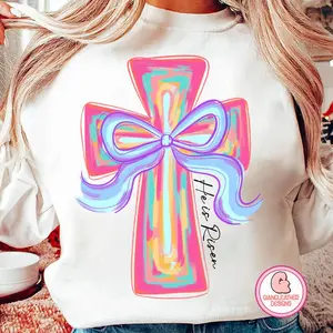 Cross easter Pink Brushstroke Sweatshirt, he is risen, cross coquette bow shirt, pink bunny, easter, Girls easter, preppy easter