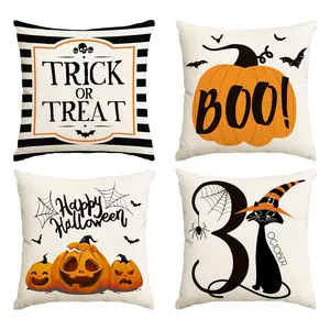 Halloween Themed Pillow Cover, 4 Counts/set Pumpkin & Cat & Skull Pattern Cushion Cover without Filler, Halloween Decoration, Decorative Pillow Cover for Home Sofa Bed
