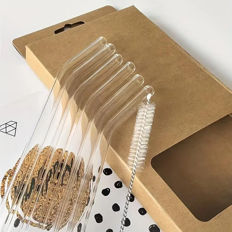 Set of 5 Transparent Glass Straws, Reusable Borosilicate Material, Includes Cleaning Brush, Ideal for Weddings, Beaches, Christmas, Halloween, Dishwasher Safe, Drinking Straw, Clear Straws