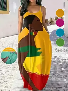 Women's Plus Size Boho Ethnic African Print Long Dress, Casual Loose Fit with Pockets, Summer Beach Maxi Dress, Thin Straps, Boho Summer Dresses