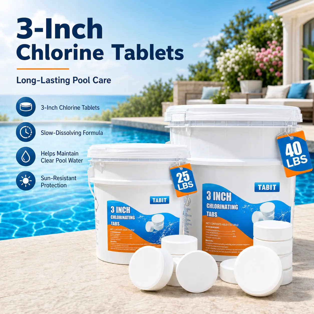 TABIT 3-In Slow Release Pool Cleaning Chlorine Tablets, 20/40 lbs Options, Disinfects Water, Bacteria-Killing, Algae-Stopping, Consistent Long-Lasting Chlorination Protection for Pools, Spas & Hot Tubs (Place 1 per 10,000 gal)