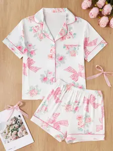 Women's Doll Style Striped Bow Heart Pajama Set, Butterfly Knot Open Front Sleepwear, Soft Core Aesthetic Dream Dressing