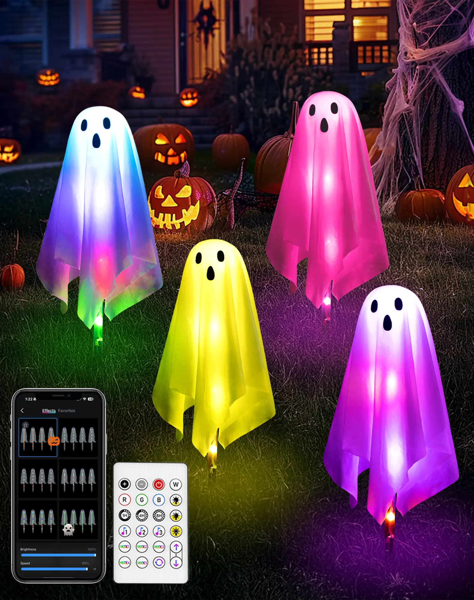 4Packs Halloween Decorations Outdoor Ghost Pathway Lights,Light Up Ghost Decor with APP Control&Remote, Color Changing, DIY Lights, Dimming, Music Synic, Halloween Pathway Light for Porch Yard Garden