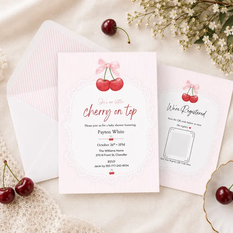 Personalized Pink Cherry Baby Shower Invitations, 5x7 Size, Cherry-Themed Party Stationery