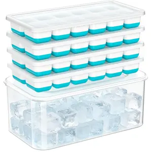 Ice Cube Tray with Lid & Bin - 4 Pack 48 Cubes Stackable Silicone Trays for Freezer with Storage Container, Leak-Proof Lids, BPA-Free, Easy Release for Kitchen, RV, Party, Cocktail & Coffee