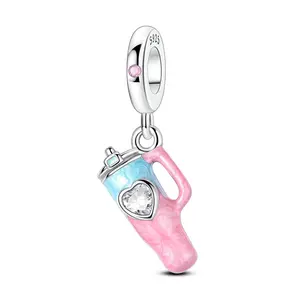 MULA 925 Silver Plated Summer Water Bottle Pendant with Pink and Blue Enamel and CZ Hearts - Cute Drink Charm Beads, Compatible with Pandora Bracelets, Gift for Women Girls Teens