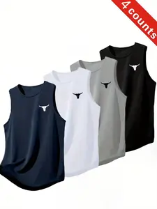 4-Pack Summer Fashion Men's Workout Tank Tops, Bull Print, Breathable Sweat-Wicking, Sleeveless Training Gear, Comfortable Fit, Sleeveless Workout Vest