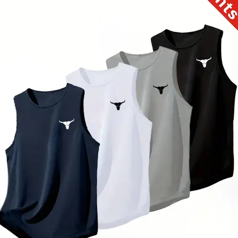 4-Pack Summer Fashion Men's Workout Tank Tops, Workout Clothes, Bull Print, Breathable Sweat-Wicking, Sleeveless Training Gear, Comfortable Fit Gym Vest