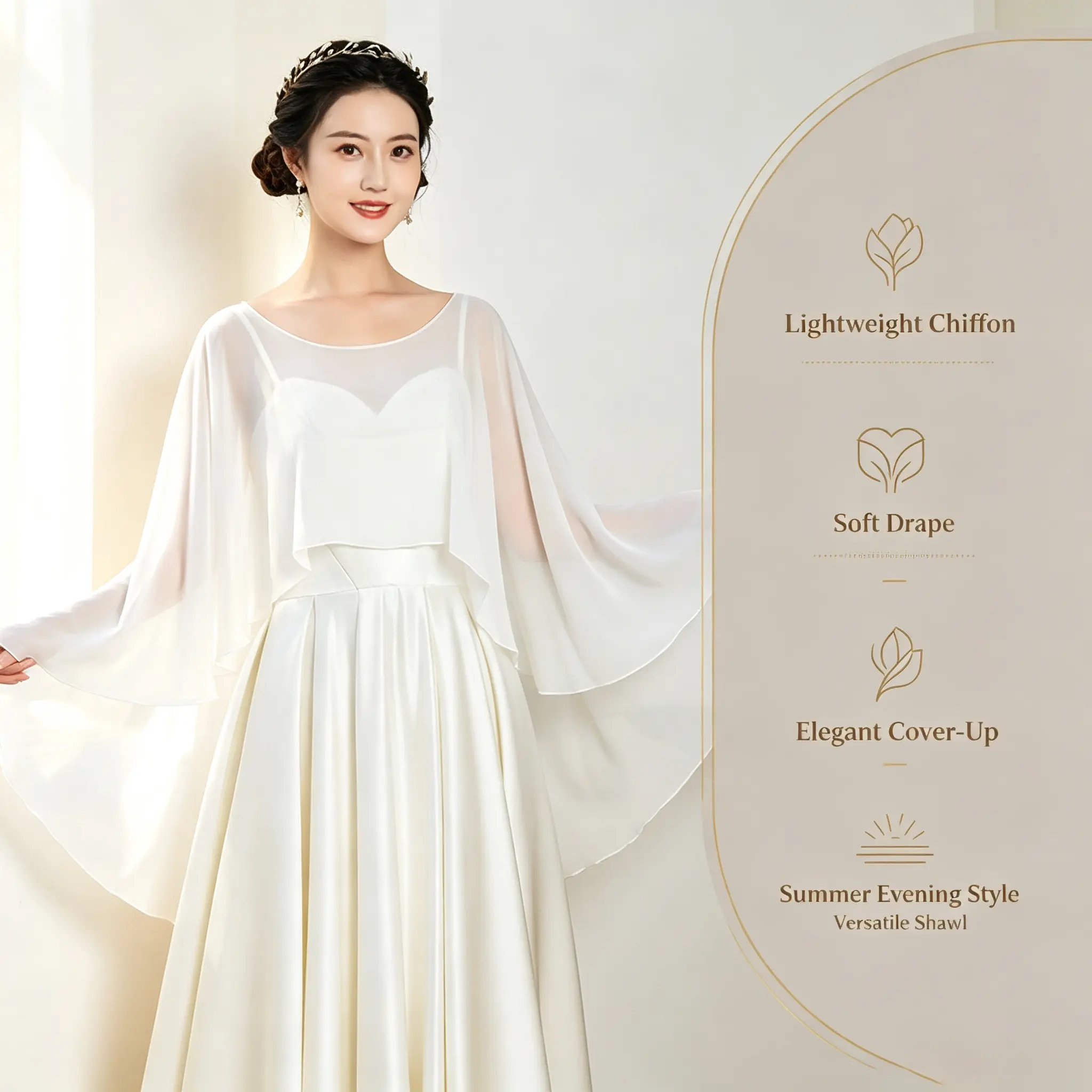Thin chiffon bolero shrug for women, sheer beach scarf wrap with sun protection, lightweight summer cover-up for evening gowns, photoshoots, and formal performances