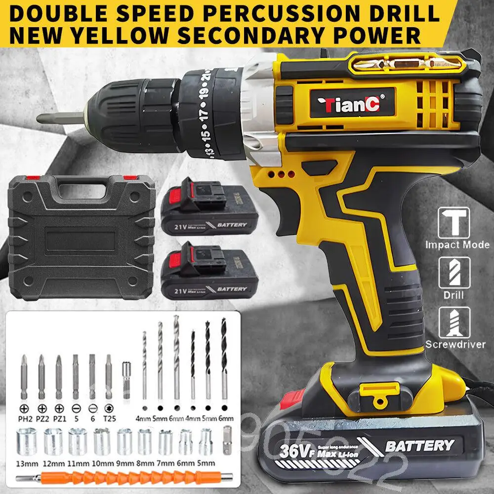 2-Battery Cordless Drill Set - High-Torque Impact Drill With LED Light, 2-Variab...