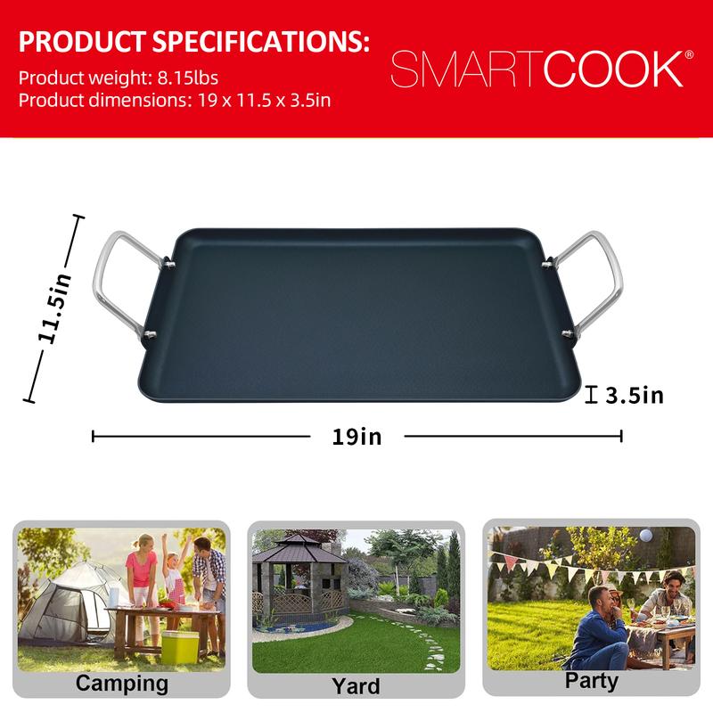 SmartCook Double-Burner Comal & Griddle Pan for Stove Top - Grill Pan with Utensils Set, Perfect para Torillas