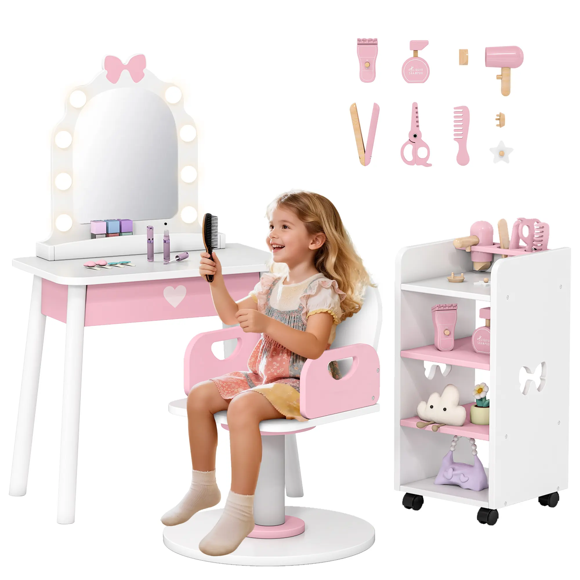 Kids Vanity with Lights, Kids Vanity Set with Barber Chair and Storage Cabinet, Makeup Dressing up Salon Play Set 7 Pcs, White