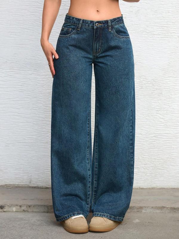 Women's Mid-Waist Wide Leg Straight Jeans, Trendy Coffee Casual Fashion, Zipper Fly, Pockets, All Seasons