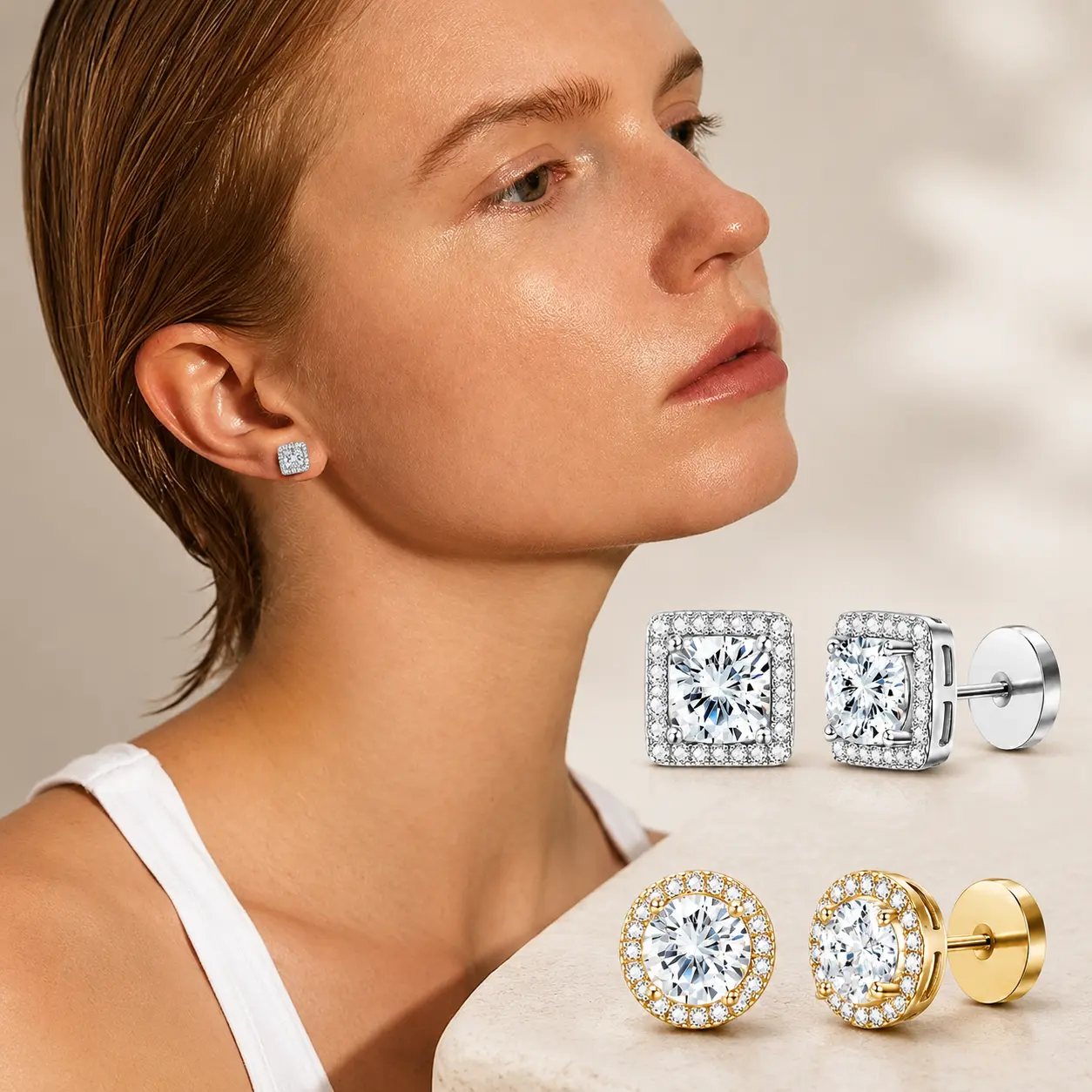 14k Gold-Plated Solitaire Four Prong Earrings Ear Back/EarBacks Lab-Created Moissanite Stud Earring Stainless Steel Real Gold Plated & Stainless Steel Electroplating Moissanite Jewelry Perfect Birthday Mother’s Day Christmas Gift for Men Women Wedding Set