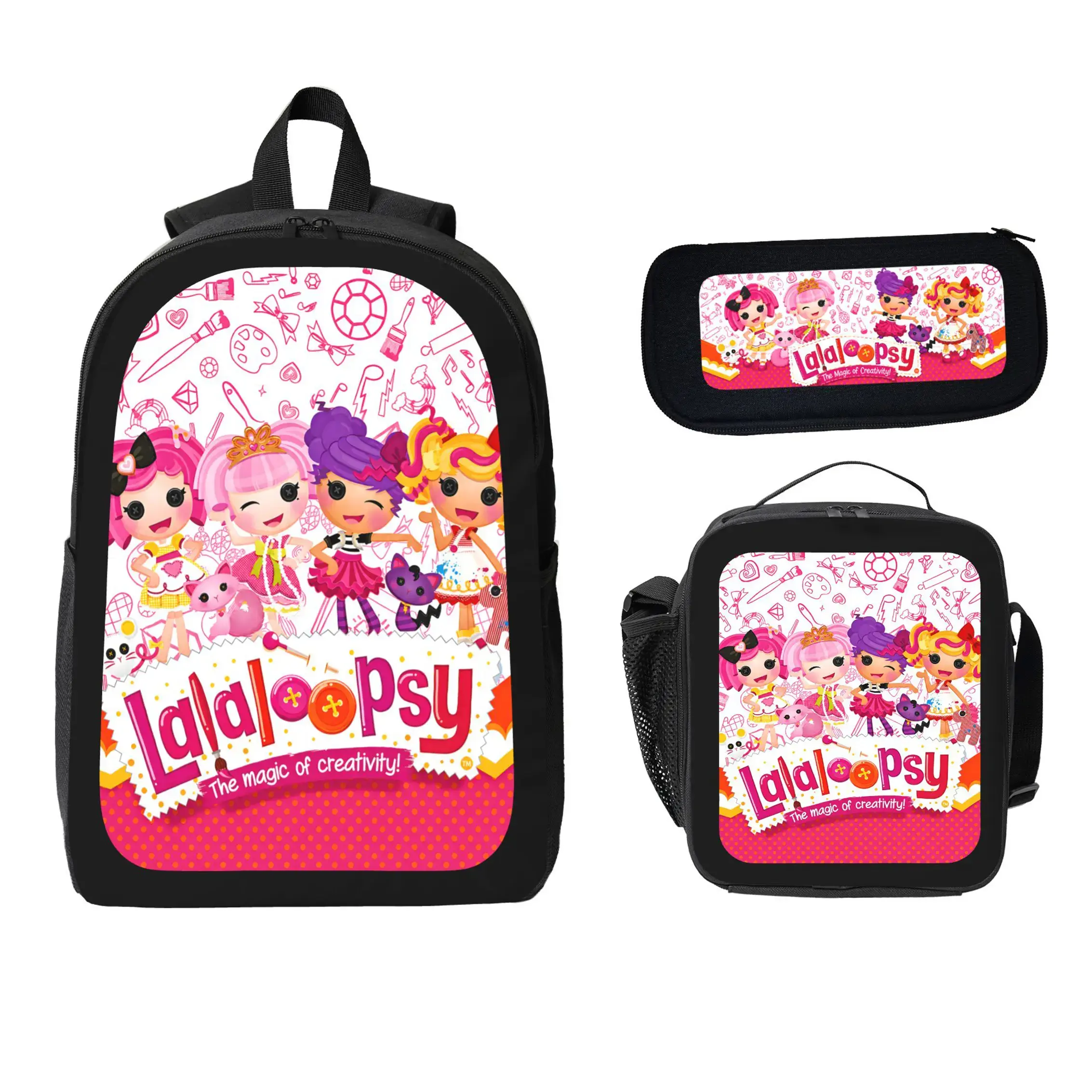 Lalaloopsy 3 Piece Backpack Set Polyester Backpack Lunch Bag Pencil Case Large Capacity Lightweight Breathable Cute Cartoon Doll Kawaii Bookbag For Back To School Travel Daily Use Kids Girls Boys Teens Students Storage bag