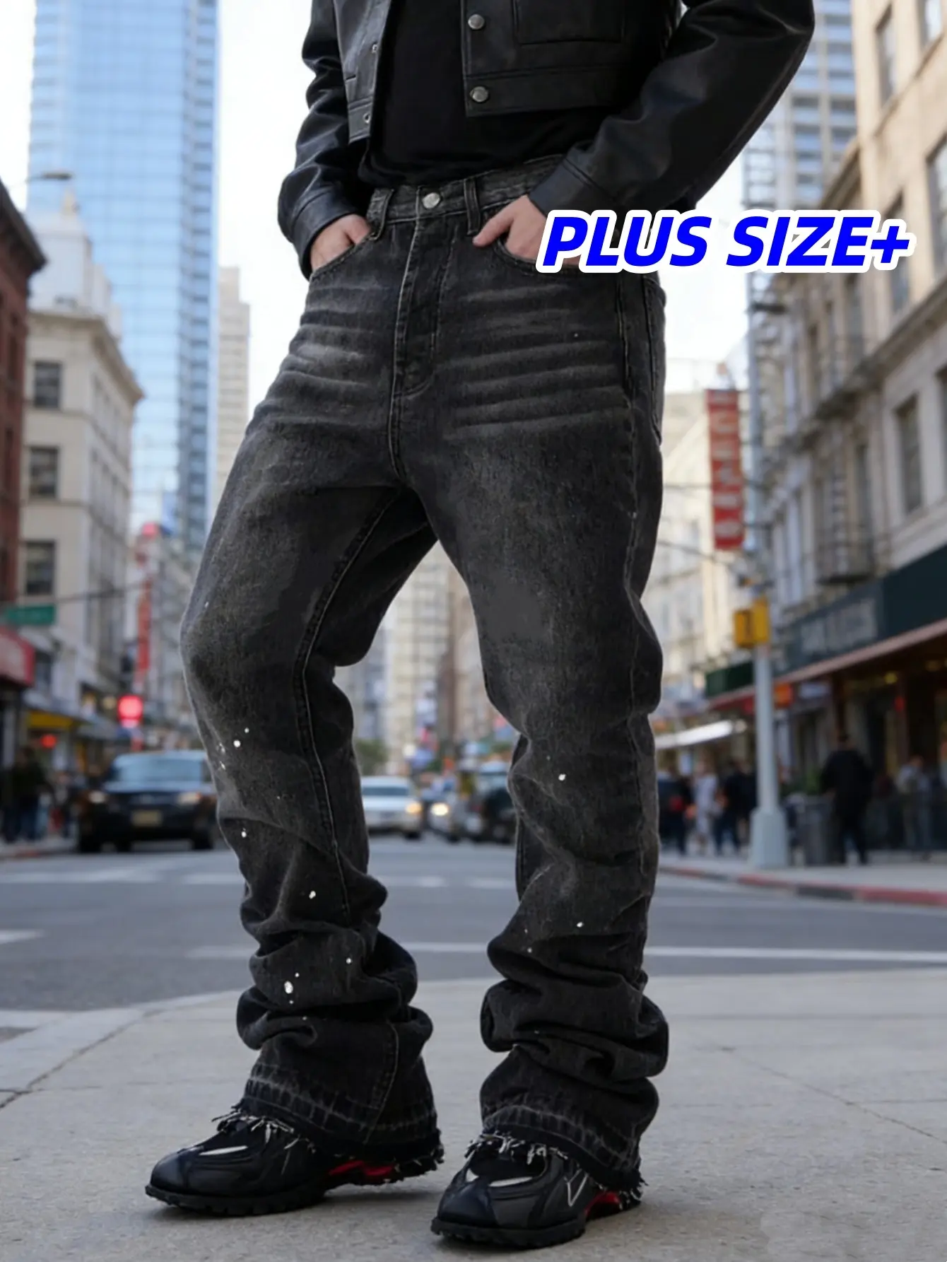 PLUS SIZE Men Streetwear Stylish Speckle ink Printed Baggy Jeans Pants High Quality Men's Straight Denim Trousers Menswear Jeans