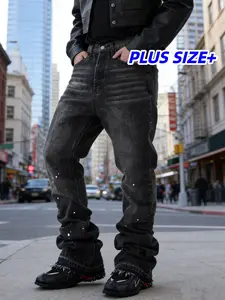 PLUS SIZE Men Streetwear Stylish Speckle ink Printed Baggy Jeans Pants High Quality Men's Straight Denim Trousers Menswear Jeans
